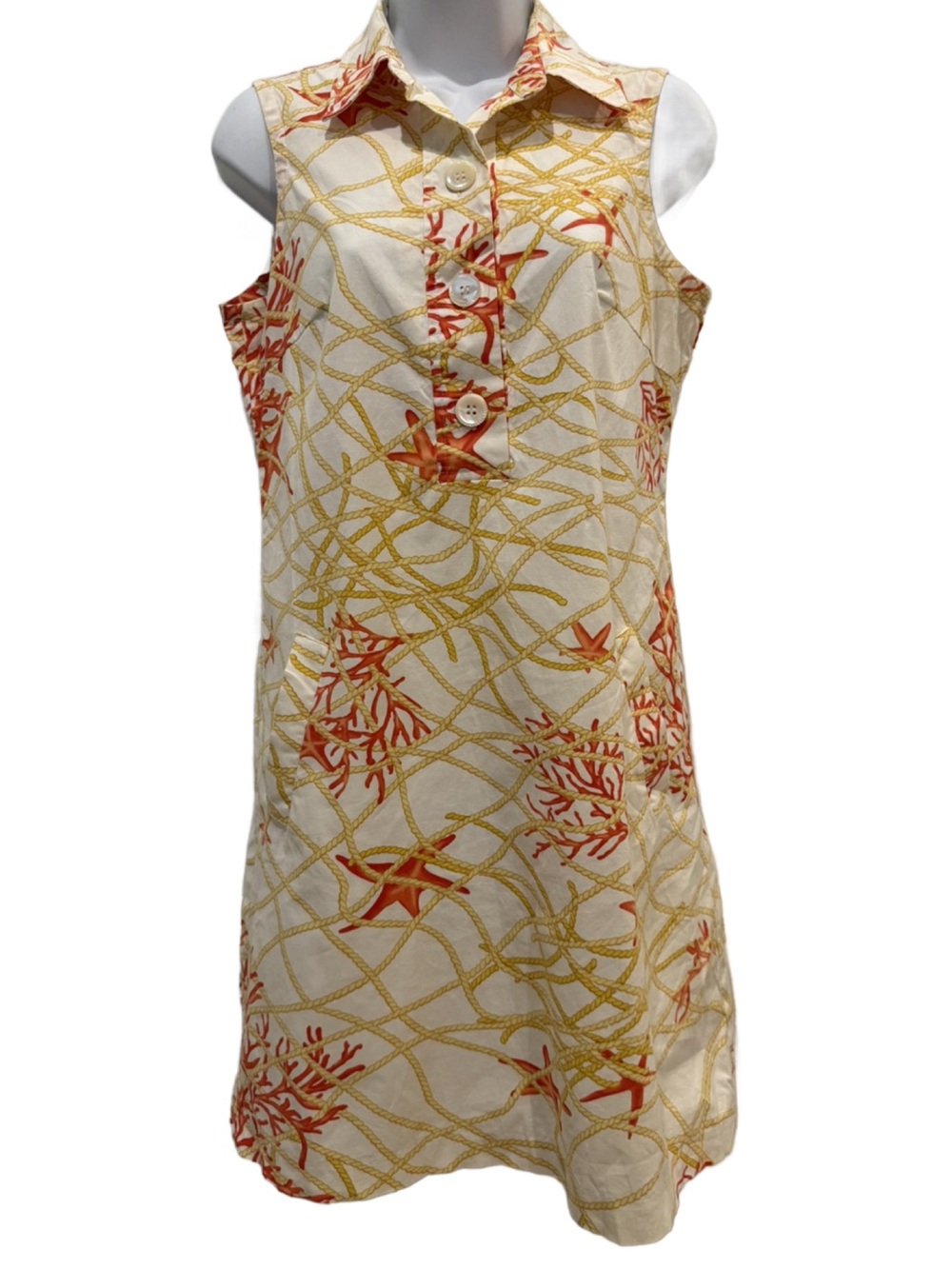 J. McLaughlin Cream Dress with Coral & Gold Rope Print. Size 4